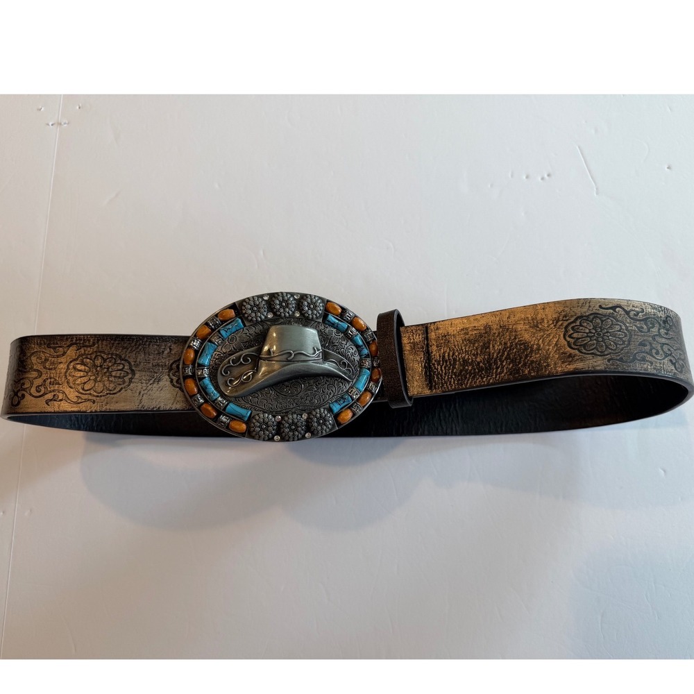 Western Cowboy Hat Buckle Belt Bronze Floral Embossed Turquoise Beaded S M